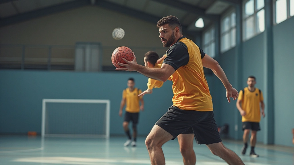Professional handball player executing shooting technique during competitive match