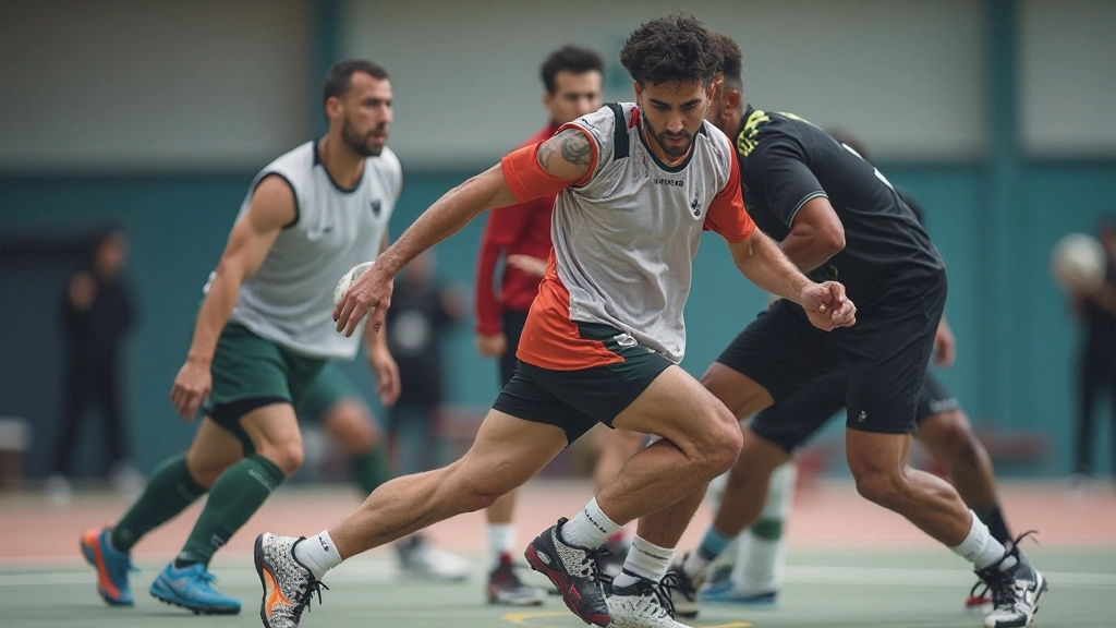 Handball players executing fast-break passing drill in gymnasium