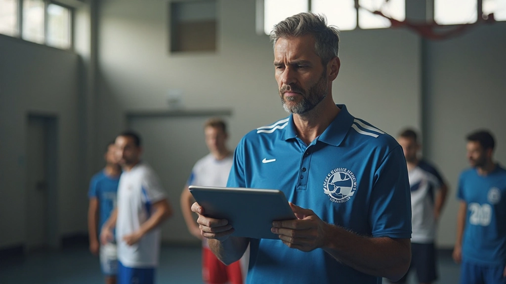 Athletic coach analyzing player performance metrics on tablet during handball training
