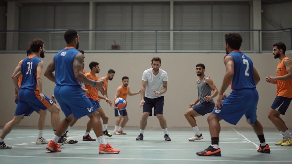 Team handball players executing coordinated defensive formation during practice