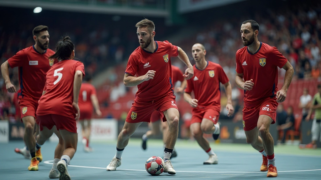 Professional handball team executing fast break attack during competitive match