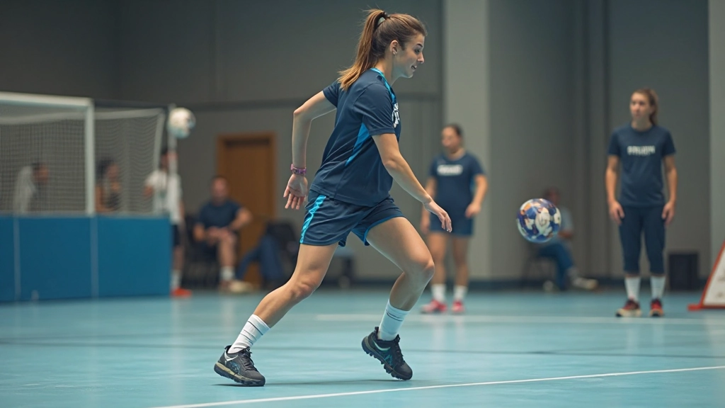Handball player demonstrating proper footwork stance and body alignment for shooting position