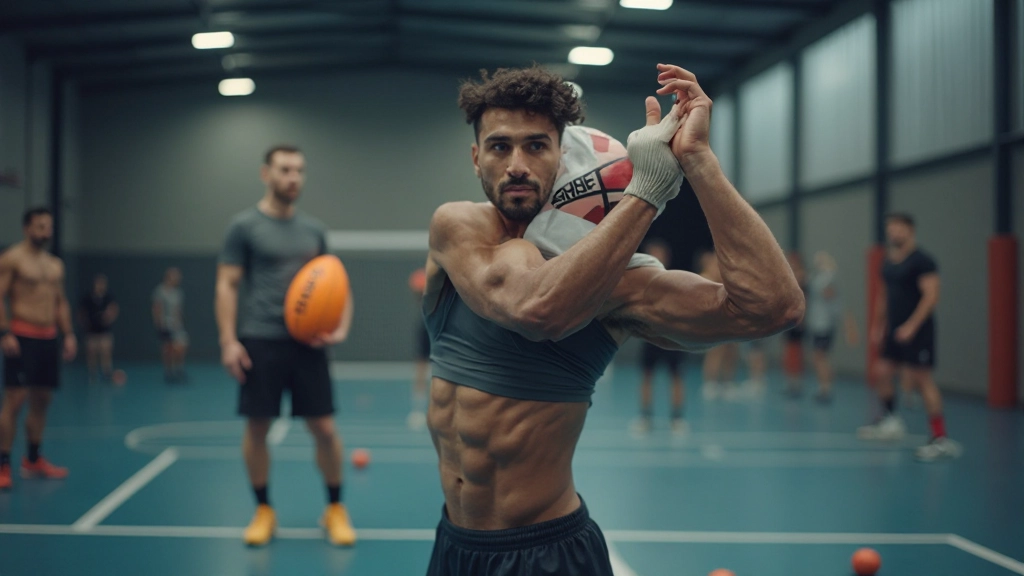 Athletic trainer demonstrating conditioning exercise for handball-specific strength and endurance development