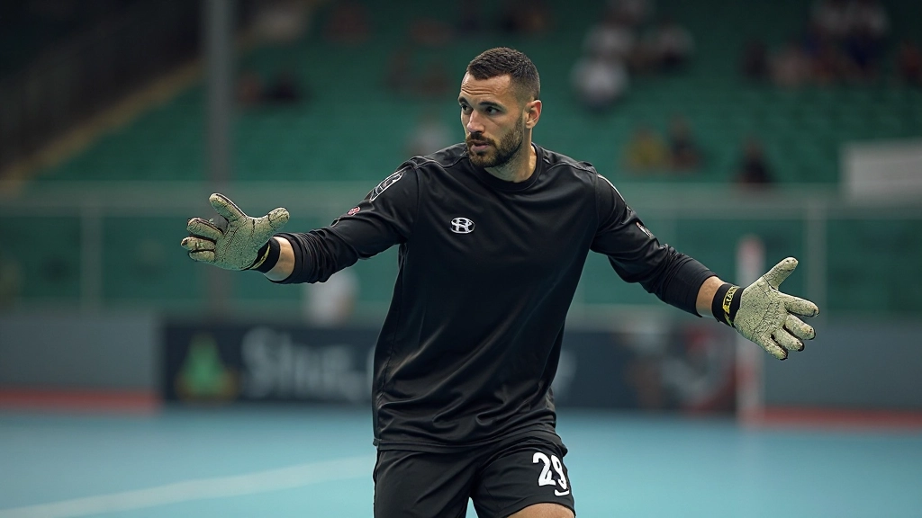 Professional goalkeeper demonstrating proper stance and hand positioning during training drill