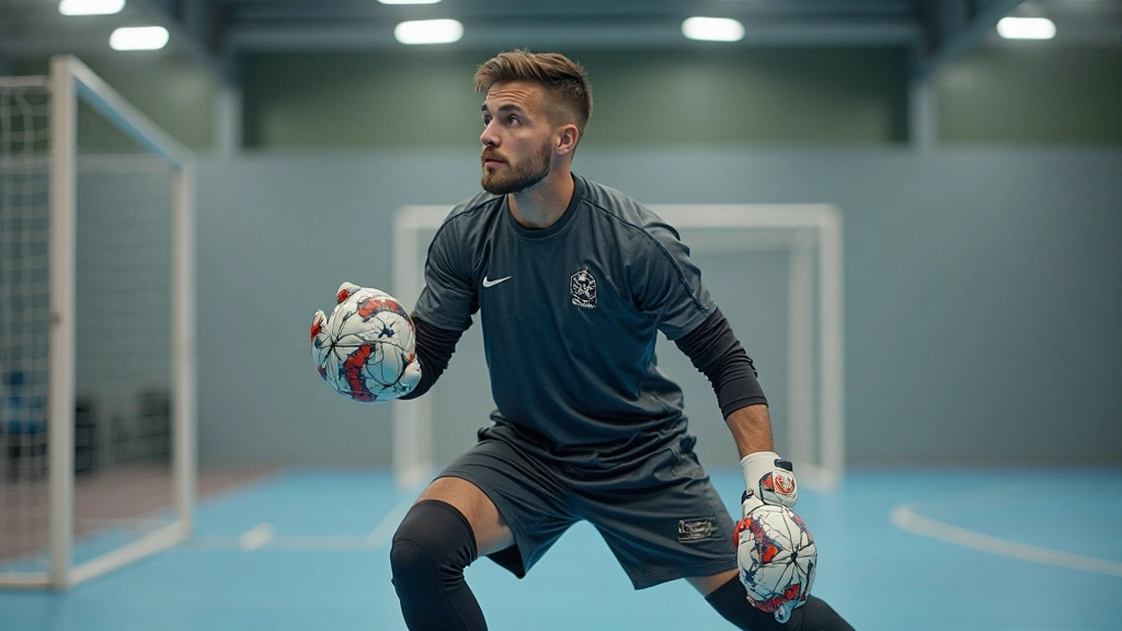 Professional handball goalkeeper in ready position demonstrating proper stance and hand positioning for shot-stopping