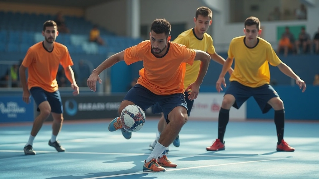Handball team executing defensive formation during team training drill